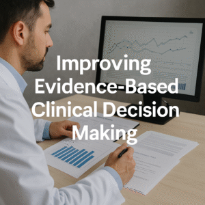 Clinician analyzing documentation and patient data to apply evidence-based clinical decision making in a healthcare clinic.